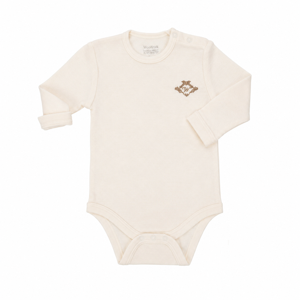 Baby Body aus 100 % Merinowolle | Langarm  mit Logo | Grösse 6–12 Monate