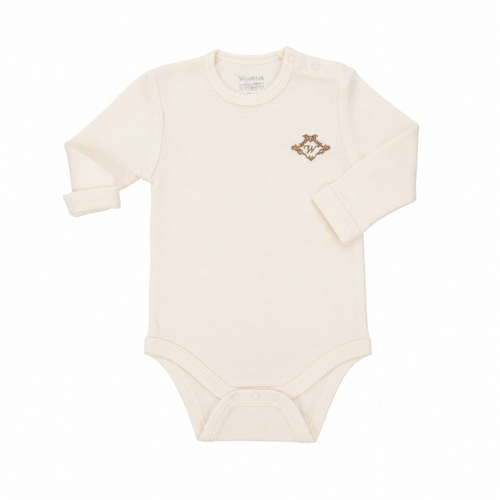 Baby Body aus 100 % Merinowolle | Langarm  mit Logo | Grösse 6–12 Monate